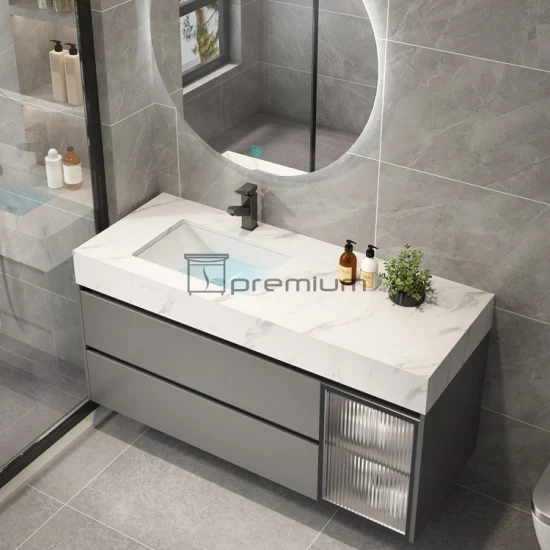 1000mm de largura luxo design moderno led retroiluminado espelho pedra sinterizada topo cerâmica lavatório de madeira banheiro vaidade armário móveis